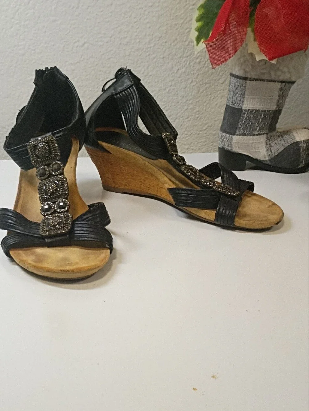 Black Jeweled T-Strap Wedge Sandals